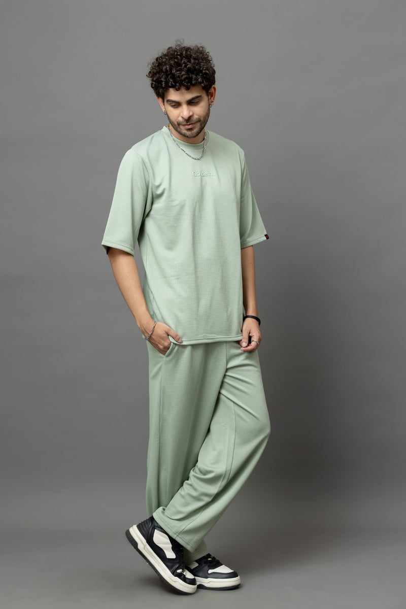 Go Devil Sage Green Textured T-Shirt With Pant Co-Ord Set For Men - Image 3